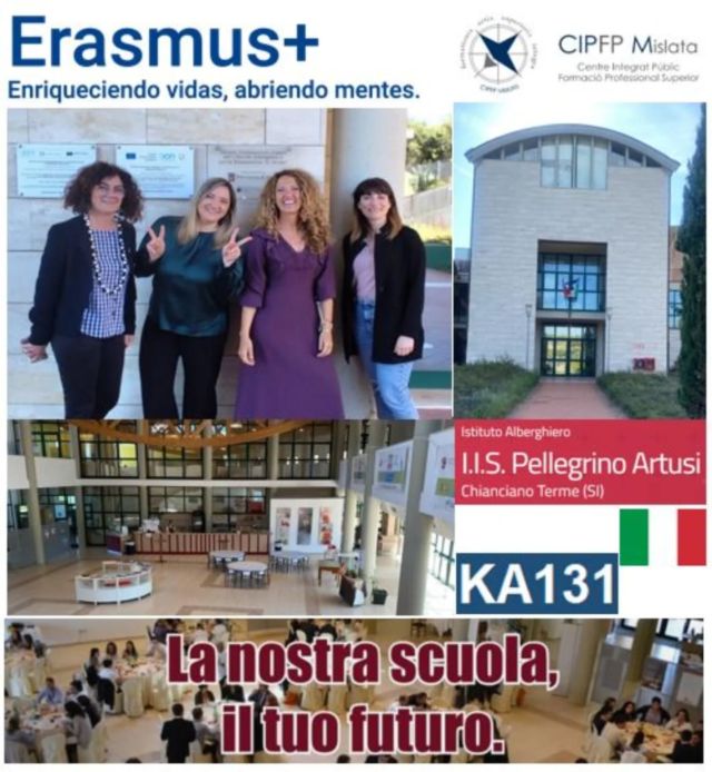 Una docente del CIPFP Mislata participa en movilidades de Job Shadowing en Italia dentro de un programa KA131 Erasmus+.
Nuestra compañera del departamento de turismo visitó el Istituto Alberghiero I.I.S. Pellegrino Artusi  en Chianciano Terme (Siena).
Durante una semana ha compartido experiencias con nuestras colegas italianas de turismo a las que tuvimos el placer de recibir en nuestro instituto el pasado mes de noviembre.
https://www.alberghierochianciano.edu.it/
https://www.instagram.com/artusi_chianciano/
https://www.facebook.com/artusichianciano
#cipfpmislata #fpmislata #formacionprofesional #erasmus